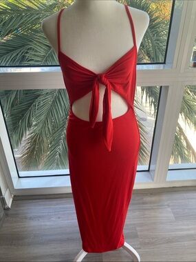 Red Tie-Front Cutout Bodycon Midi Dress, Size Medium